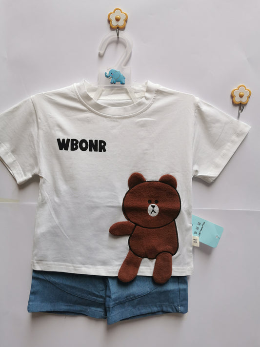 Boy Cotton T-shirt with 3D Bear and Denim Short